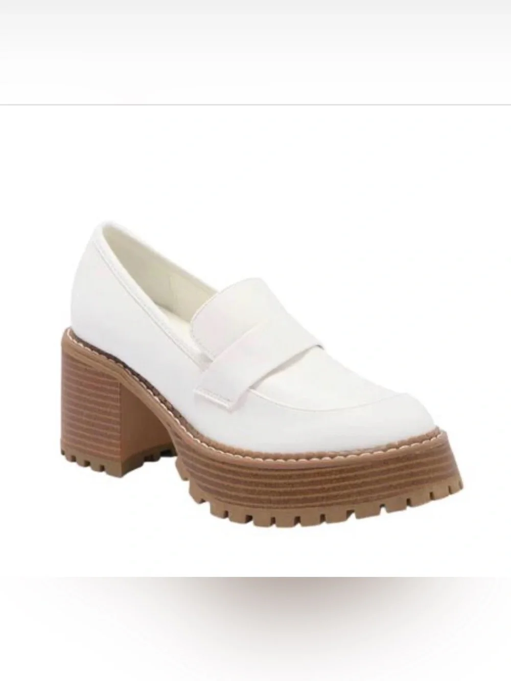 MIA Dalilah White Faux Leather Chunky Platform Lug Sole Slip On Heeled Loafer